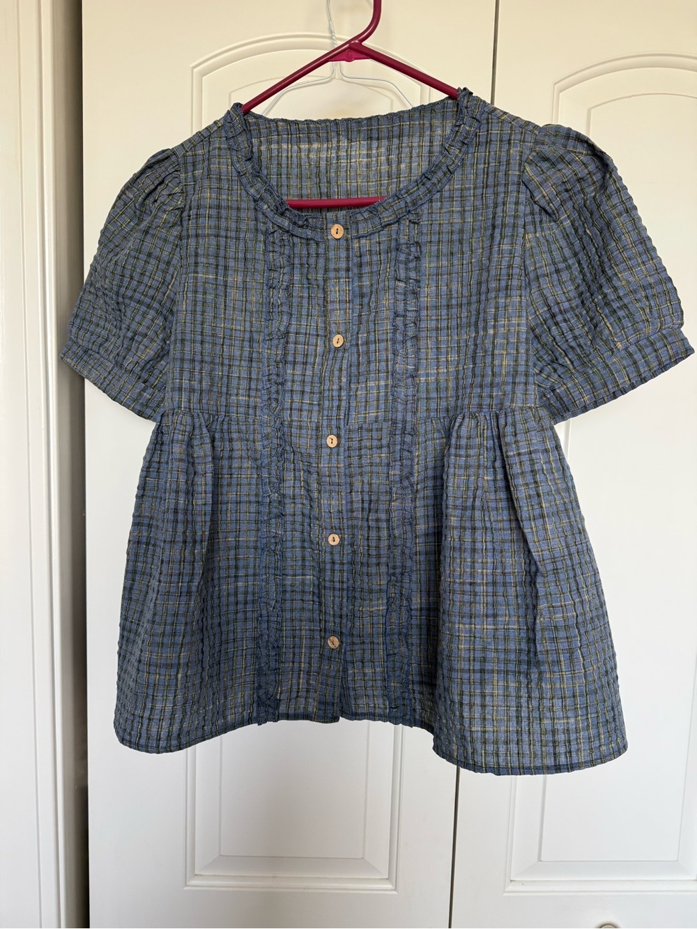 Blue Ruffle-Trim Button Front Women's Top - Picture 3 of 9
